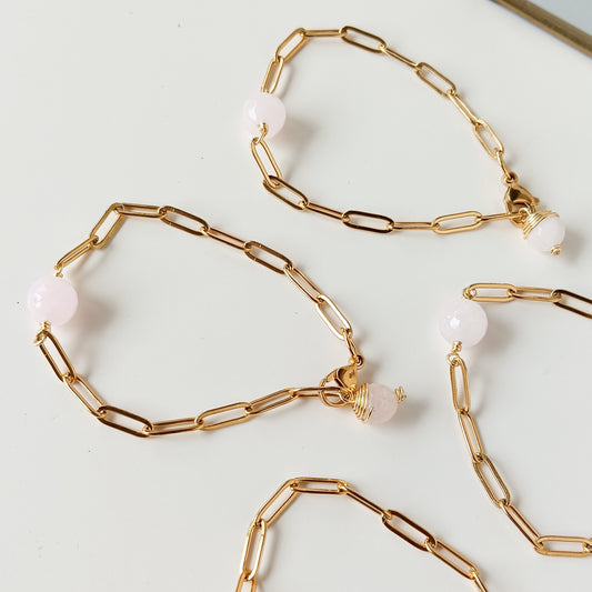 Single Rose Quartz Paperclip Bracelet